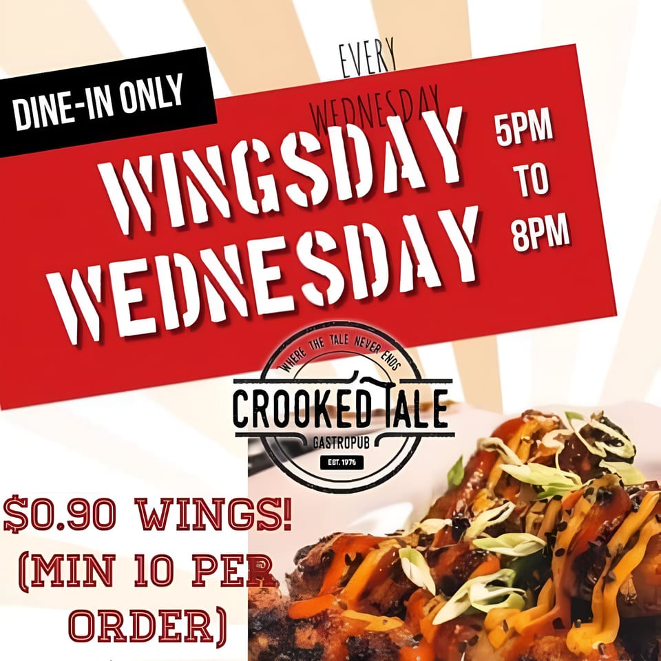 A promotional image for Crooked Tale Gastropub's "Wingsday Wednesday" with a plate of chicken wings.