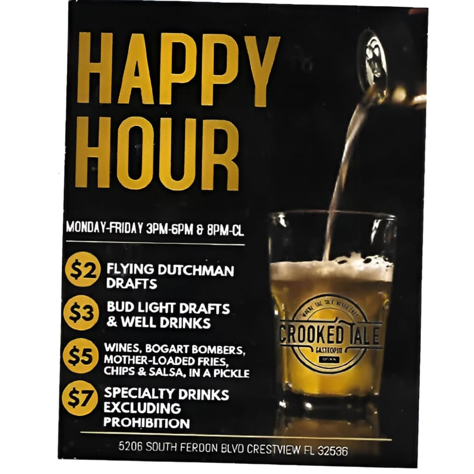 Crooked Tale Gastropub's happy hour menu with beer pouring into a branded glass.
